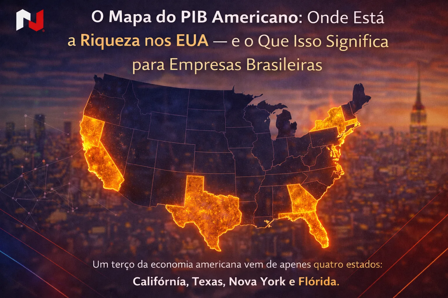Mapa do PIB americano com concentração de riqueza por estado