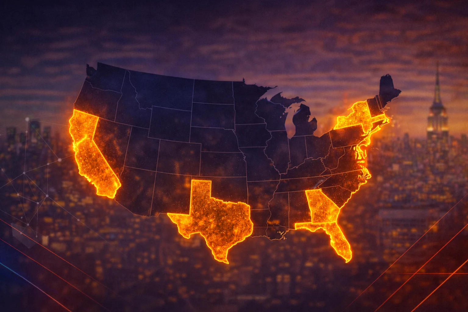 Mapa dos Estados Unidos destacando a distribuição da riqueza e do PIB americano por região.