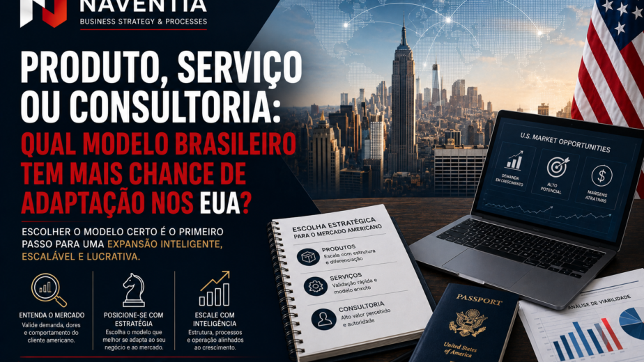 Empresário brasileiro analisando modelo de negócio para expansão nos Estados Unidos