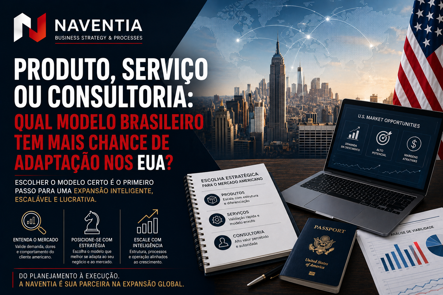 Empresário brasileiro analisando modelo de negócio para expansão nos Estados Unidos