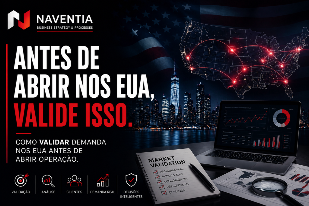 Empresário analisando demanda de mercado nos Estados Unidos antes da expansão internacional
