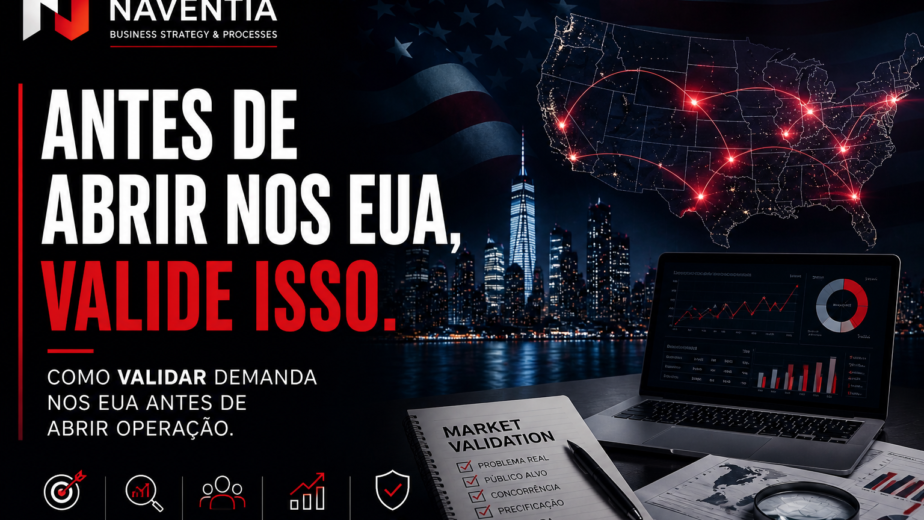 Empresário analisando demanda de mercado nos Estados Unidos antes da expansão internacional