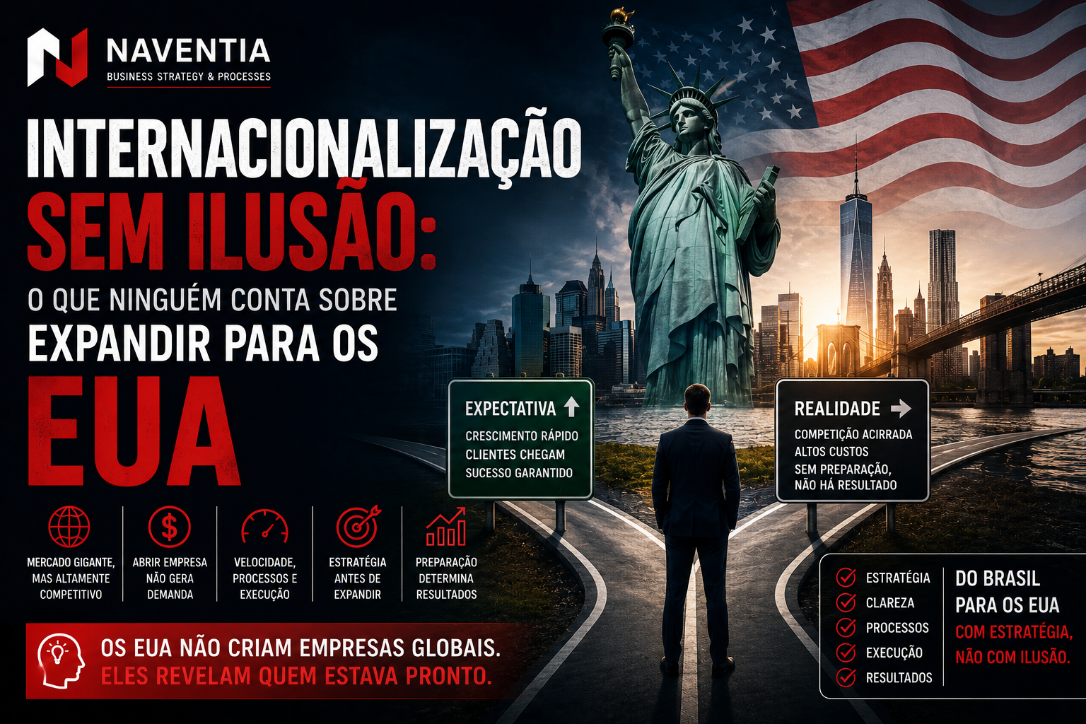 Empresário analisando expansão internacional e entrada estratégica no mercado americano