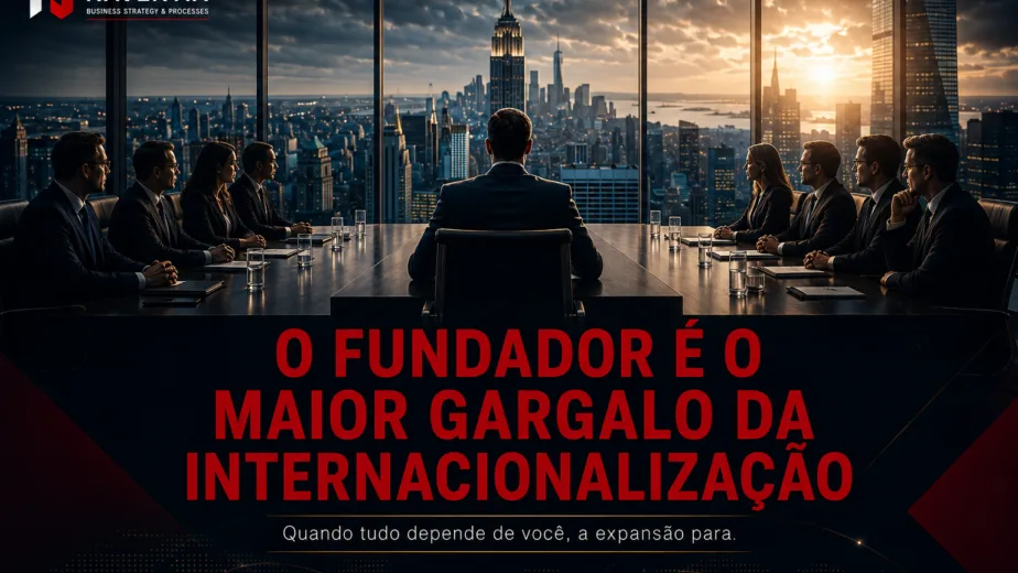 Empresário analisando desafios de liderança e dependência do fundador na internacionalização da empresa