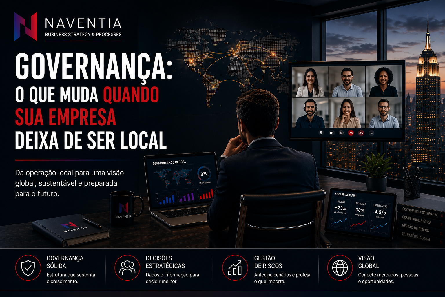 Executivos reunidos discutindo governança empresarial e expansão internacional.