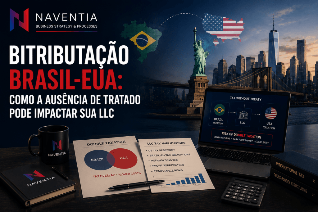 Home 3 Empresário analisando documentos tributários relacionados à estrutura de uma LLC entre Brasil e Estados Unidos.