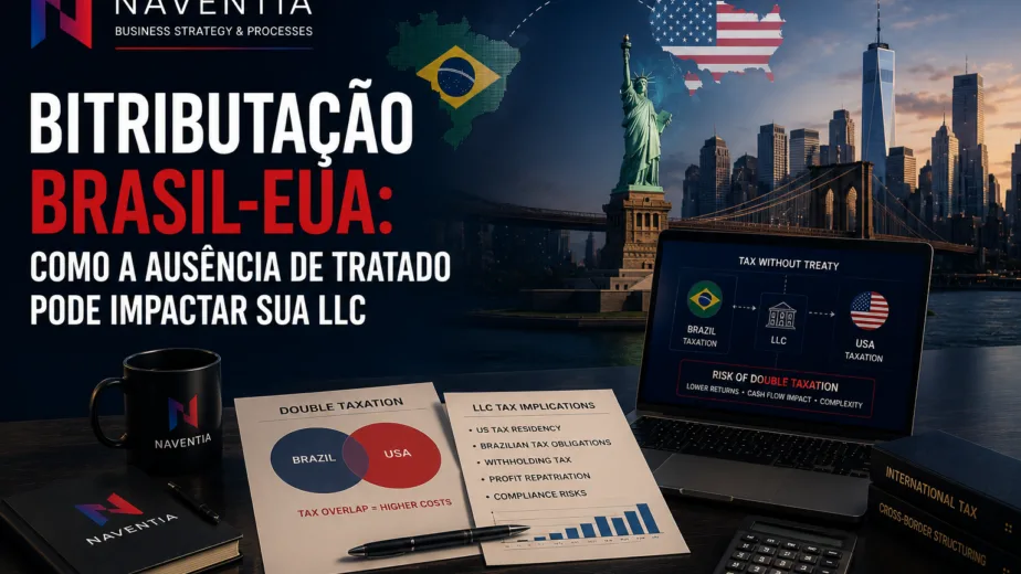 Empresário analisando documentos tributários relacionados à estrutura de uma LLC entre Brasil e Estados Unidos.