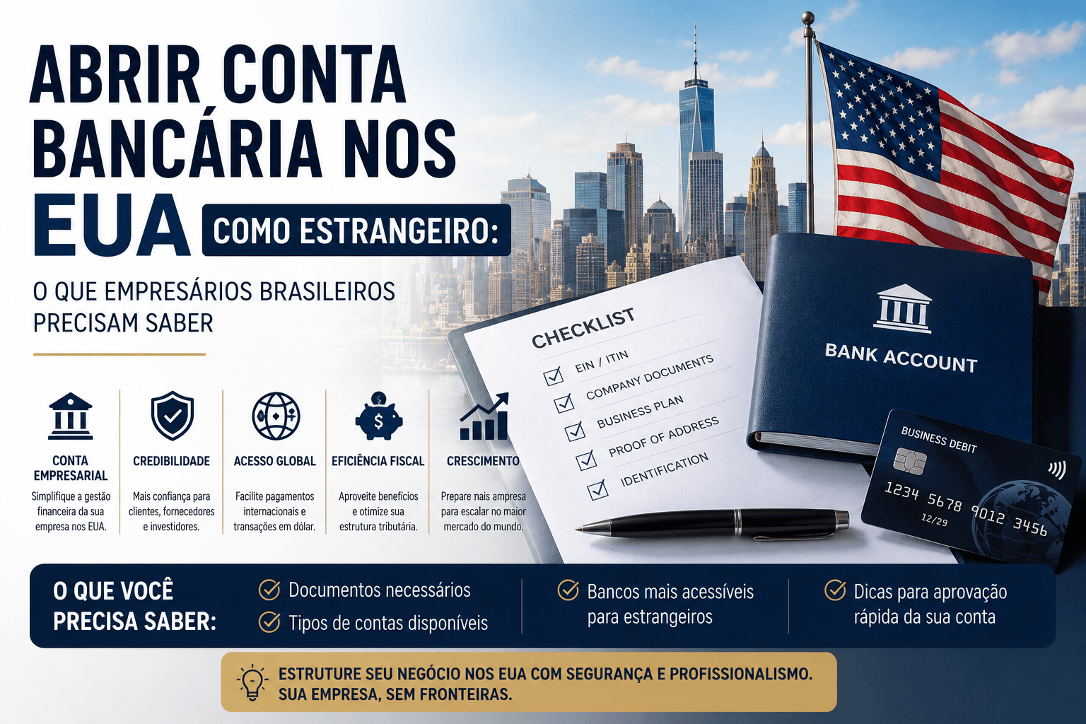 Empresário brasileiro abrindo uma conta bancária empresarial nos Estados Unidos.