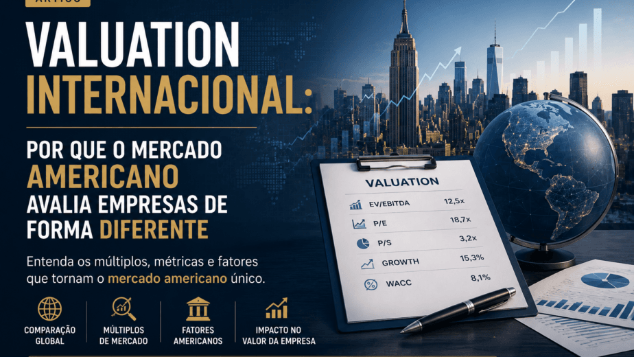 Empresários analisando indicadores financeiros e estratégias de crescimento para valuation internacional.