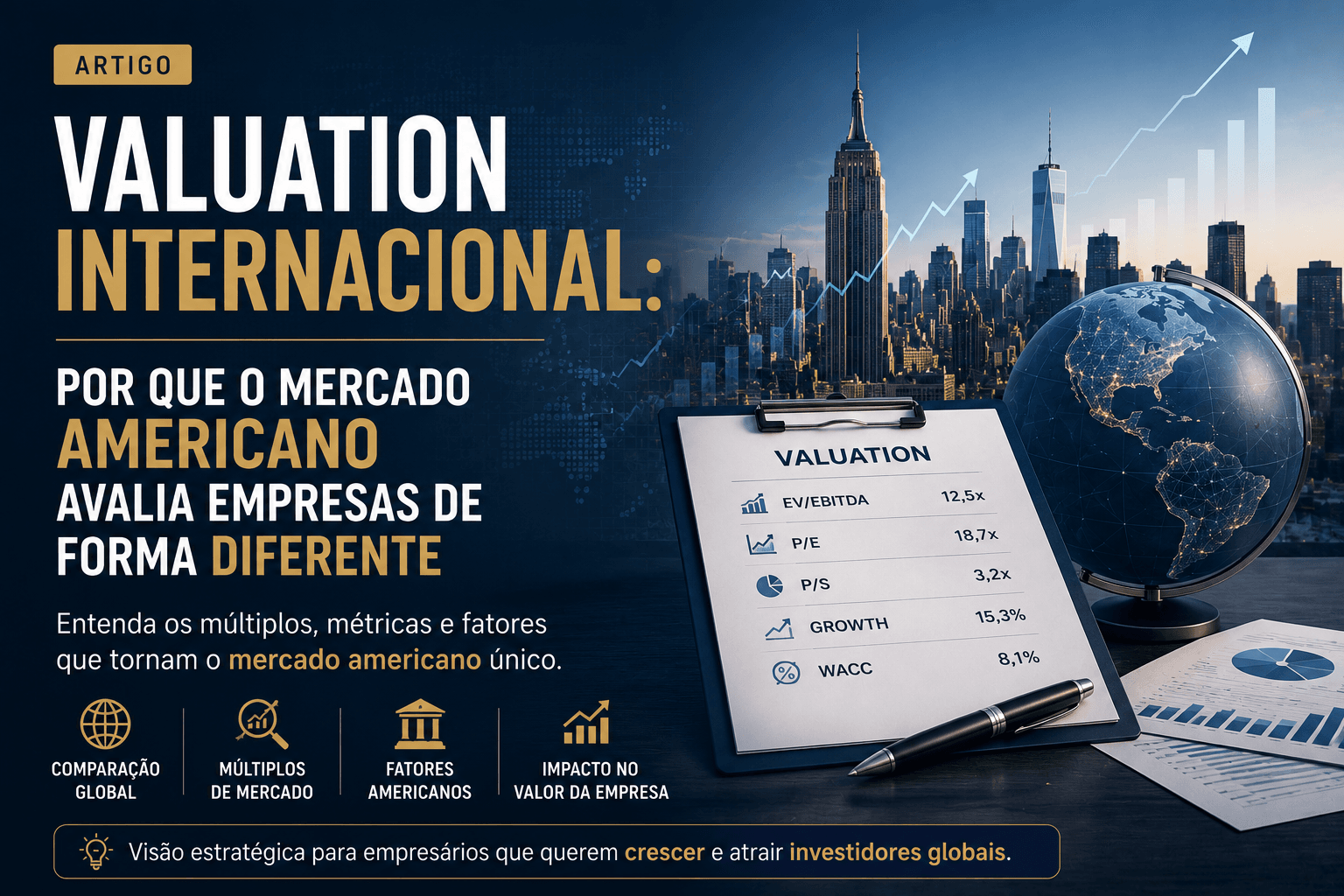 Empresários analisando indicadores financeiros e estratégias de crescimento para valuation internacional.