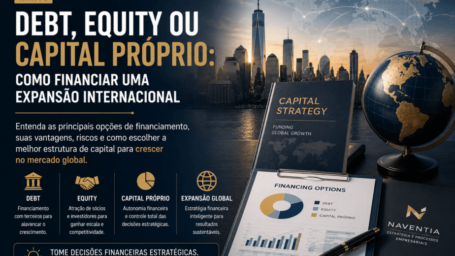Executivos analisando alternativas de financiamento para expansão internacional de uma empresa.