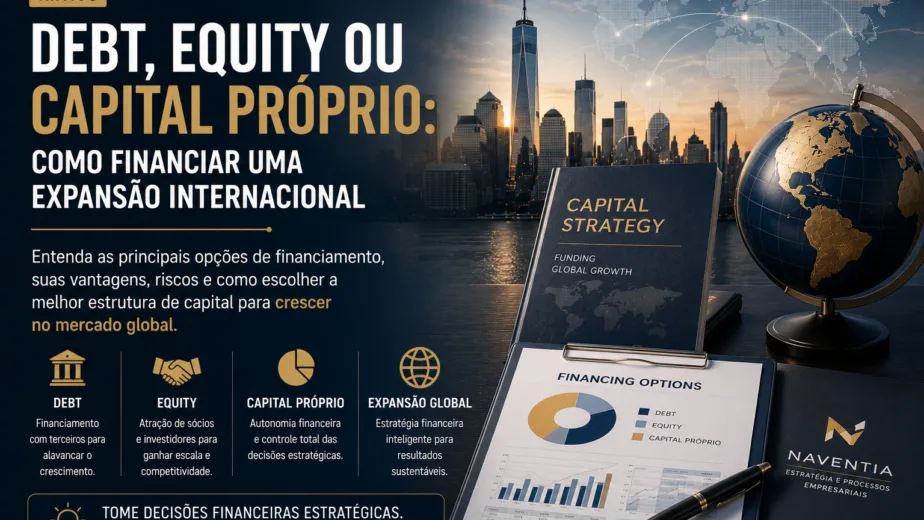 Executivos analisando alternativas de financiamento para expansão internacional de uma empresa.