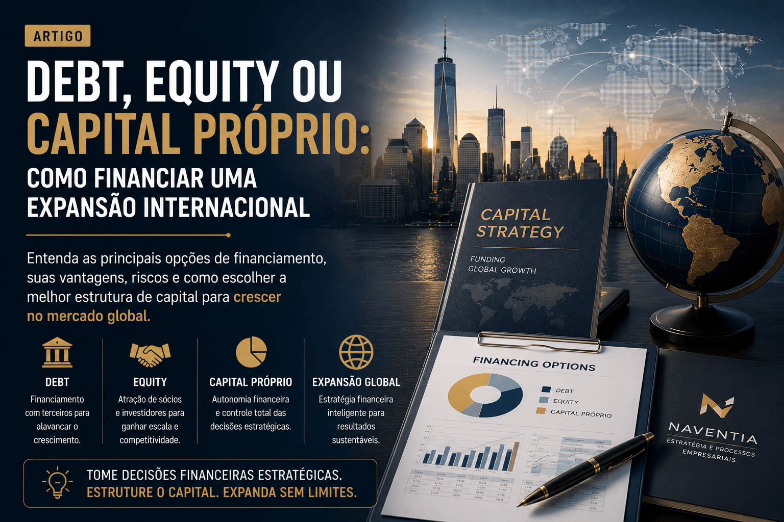 Executivos analisando alternativas de financiamento para expansão internacional de uma empresa.