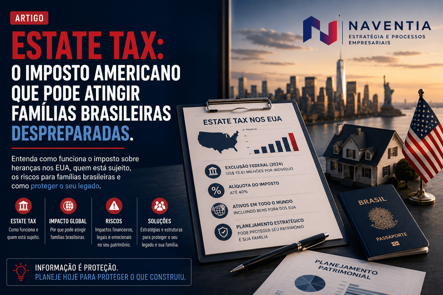 Empresários analisando estratégias para reduzir os impactos do Estate Tax EUA no planejamento patrimonial internacional.