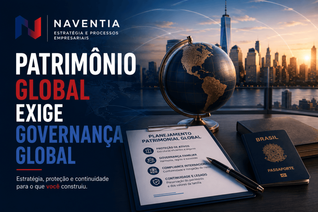 Empresários discutindo estratégias de governança global para proteger patrimônio internacional e garantir a continuidade dos negócios.