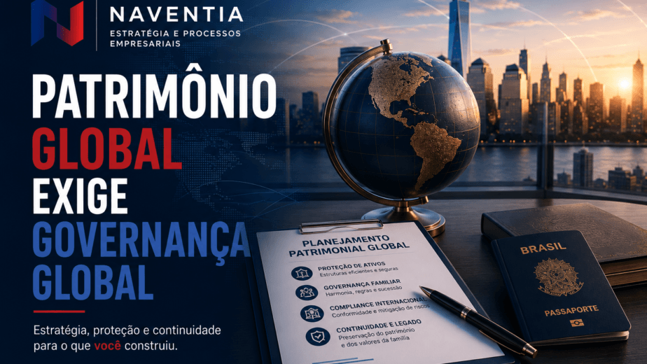 Empresários discutindo estratégias de governança global para proteger patrimônio internacional e garantir a continuidade dos negócios.