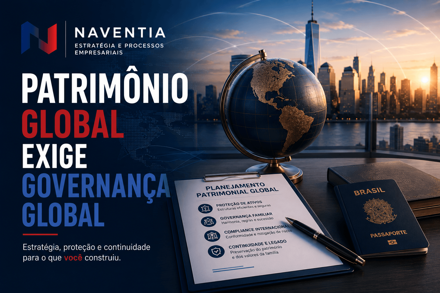 Empresários discutindo estratégias de governança global para proteger patrimônio internacional e garantir a continuidade dos negócios.