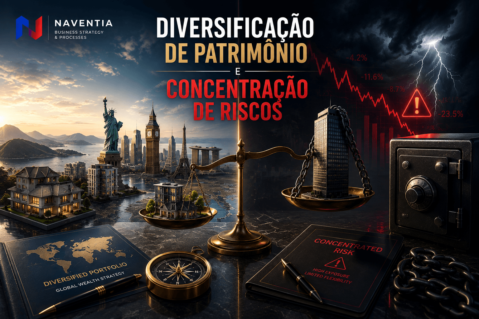 Diversificação de patrimônio considerando moedas, liquidez, classes de ativos e riscos internacionais.