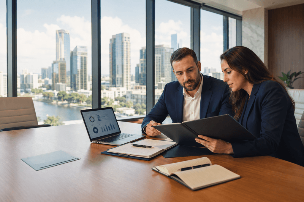 Empresários analisando documentos para estruturar uma empresa nos Estados Unidos