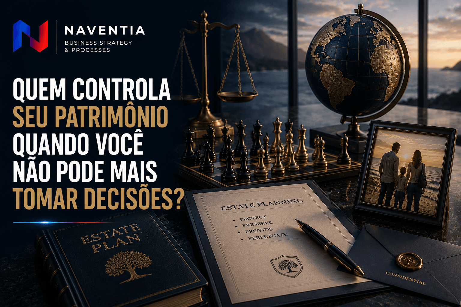 Governança patrimonial familiar para continuidade das decisões sobre empresas, investimentos e patrimônio internacional.