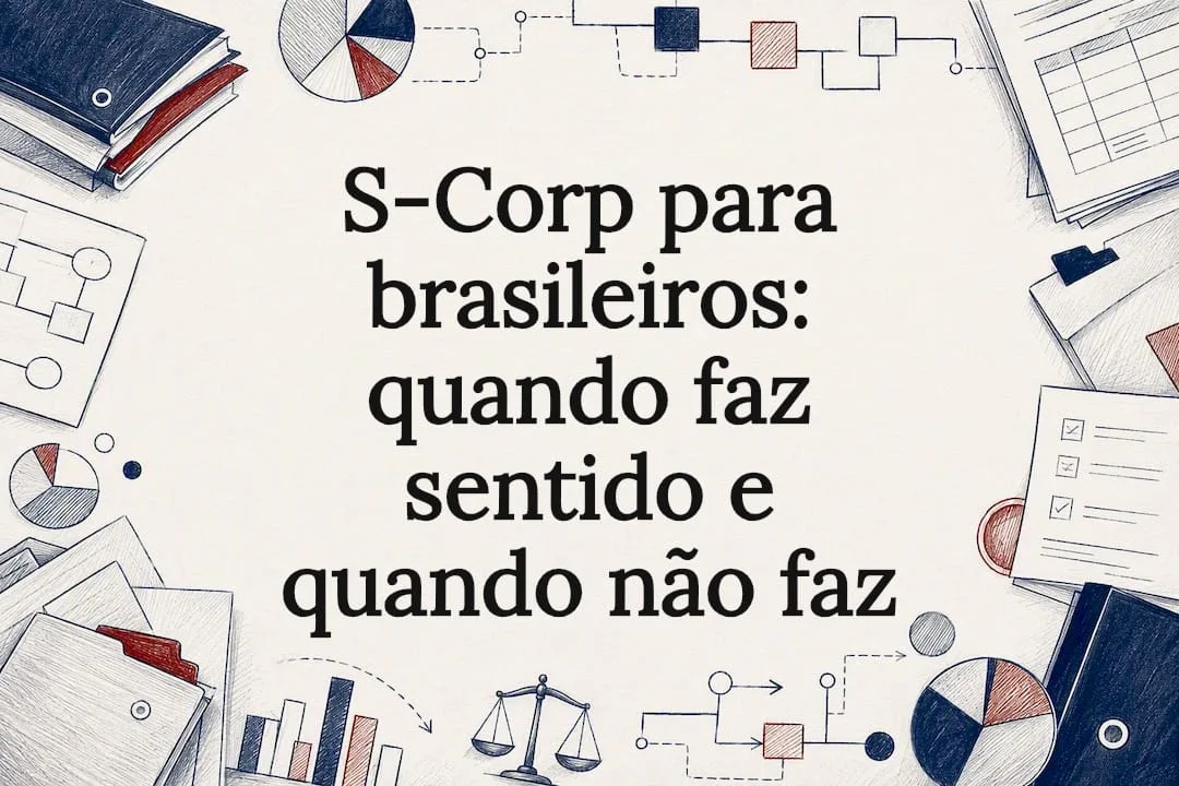 Cartão ilustrado sobre a opção fiscal S-Corp para brasileiros