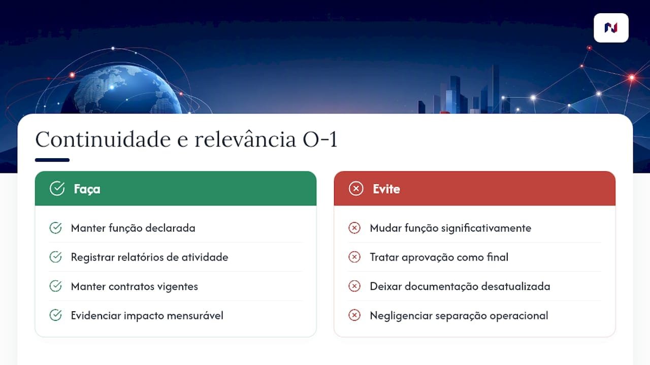 Critérios para comprovar continuidade e relevância do trabalho durante o O-1 — overview diagram