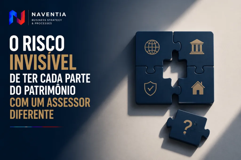 Gestão patrimonial internacional com bancos, gestores, advogados e contadores responsáveis por diferentes partes do patrimônio.