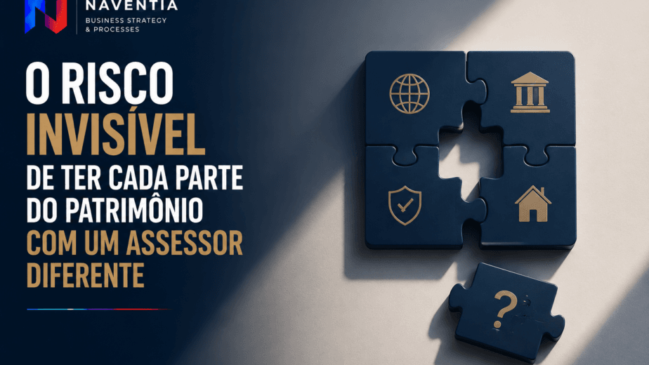 Gestão patrimonial internacional com bancos, gestores, advogados e contadores responsáveis por diferentes partes do patrimônio.