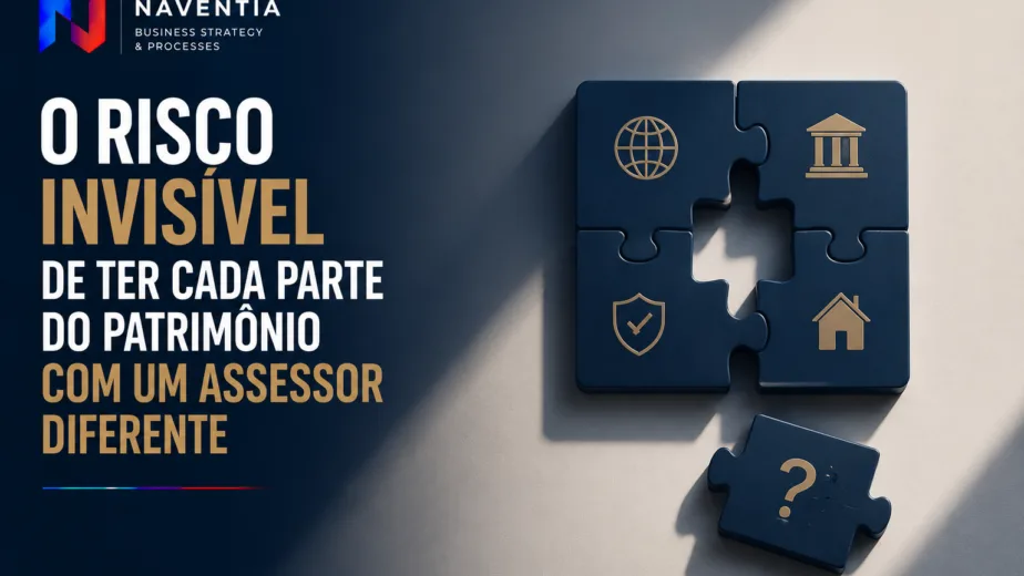 Gestão patrimonial internacional com bancos, gestores, advogados e contadores responsáveis por diferentes partes do patrimônio.