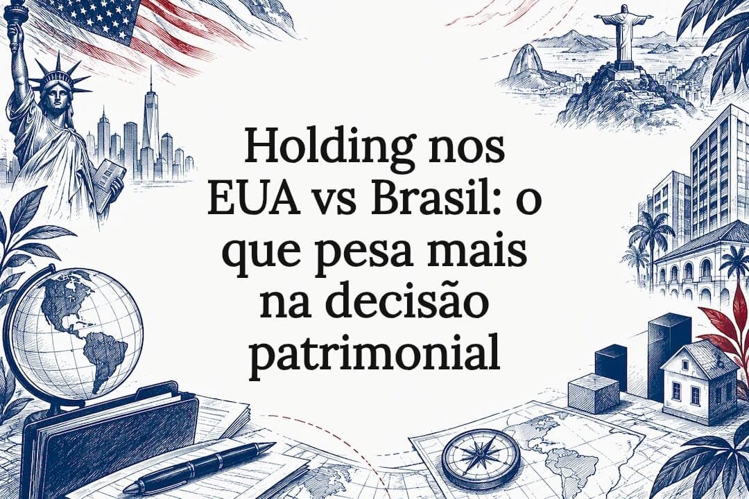 Card ilustrado sobre holding nos EUA e no Brasil